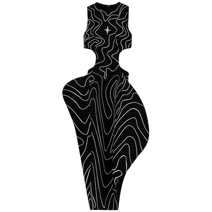 ANNAKIKI  triacetic fractal wave embroidered long dress-JINGCHU.