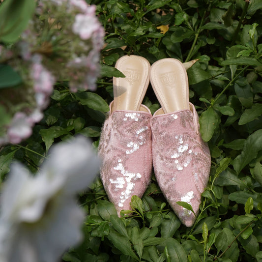 B-FEI Niche Design New Chinese Pink Embroidered Flat Mules-JAQ.