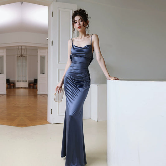 DOLLY Luxury Backless Suspender Satin Slim Fit Long Dinner Dress-MOLLY