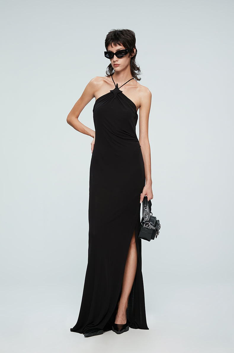 ANNAKIKI suspender fishtail slit dress halterneck dress-REI