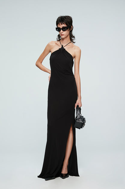 ANNAKIKI suspender fishtail slit dress halterneck dress-REI