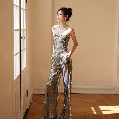 DOLLY Luxury Two Piece Sleeveless Sequin Tube Top + Long Sequin High Waist Flare Pants-THEA