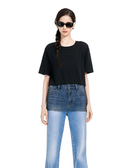 YES BY YESIR | Black Mesh Diamond-Stitched Embroidered Top-EVARIEL.