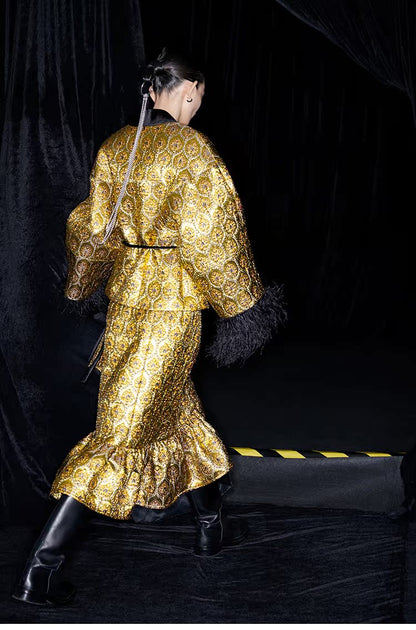 M essential Mackay gold banner jacquard crochet embroidery tunic coat - furbu.