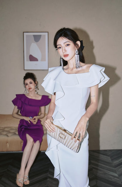 DOLLY High End Purple Ruffled Square Collar Slim Fit Formal Dinner Dress-ANGELIKI