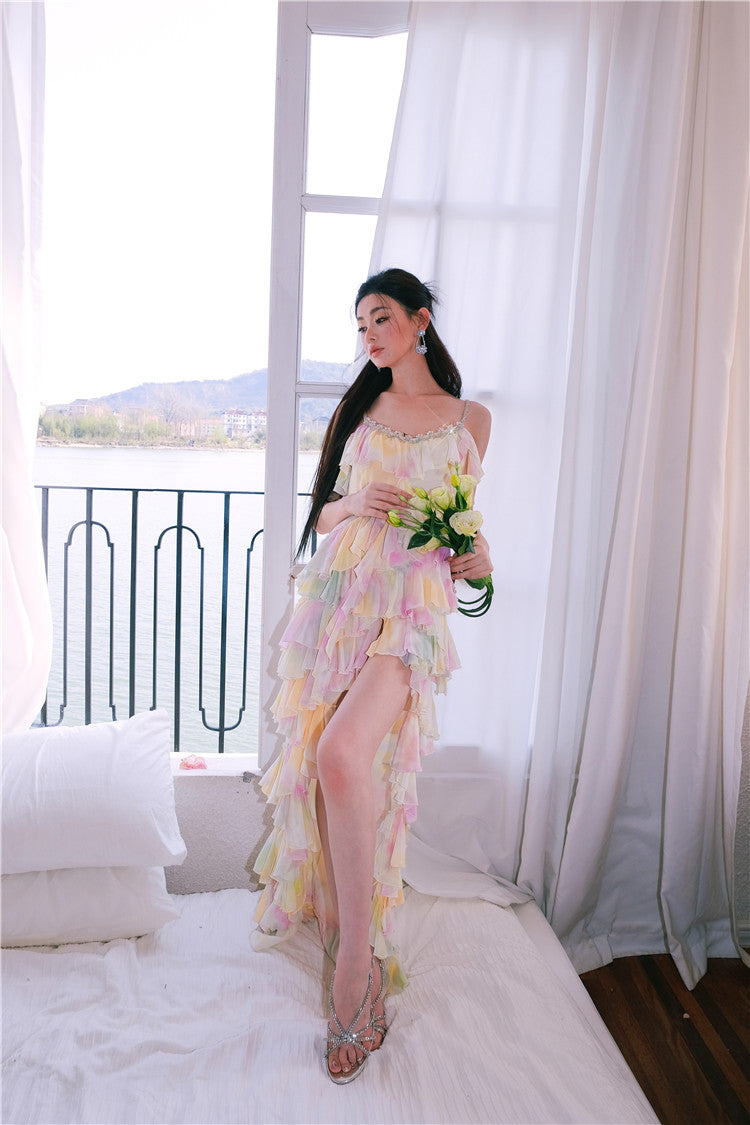 Wardrobes by Chen Elegant Sleeveless high low layered Long Multi Color Dress-Gainn