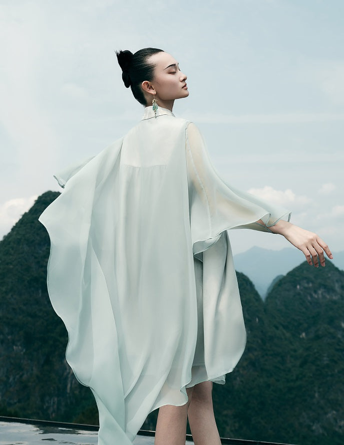 HECO [Feng Wu Clear Sleeves] New Chinese Standing Collar Buckle Flowing Dress- CLOAK.