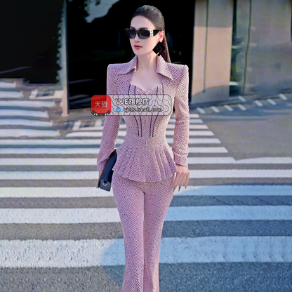 VJE  Thick Suit OL Top High-Waisted Micro Flared Pants Two-Piece Set-DANA.