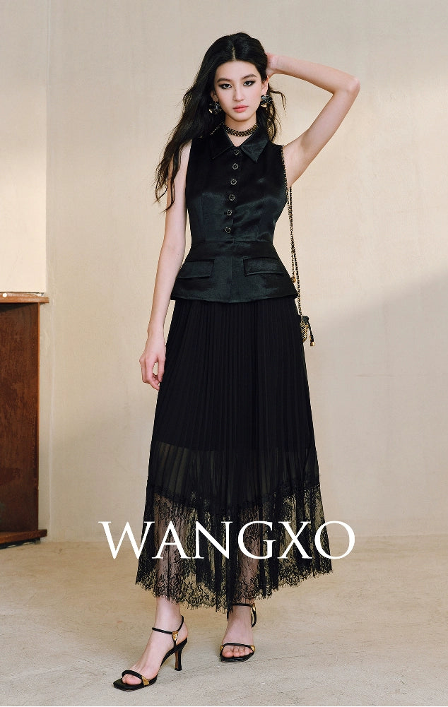 WANGXO | Faux Two-Piece Vest Suit & Romantic Pleated Gauze Skirt -THIA.