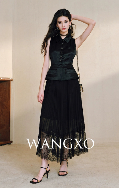 WANGXO | Faux Two-Piece Vest Suit & Romantic Pleated Gauze Skirt -THIA.