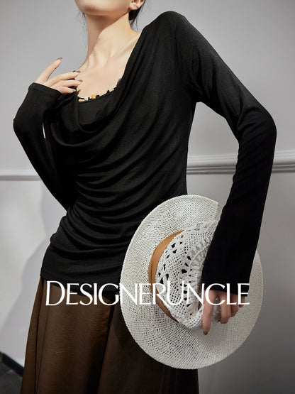 DGU|Black Knitted Drape V-Neck Top and brown pleater skirt- WAVES.
