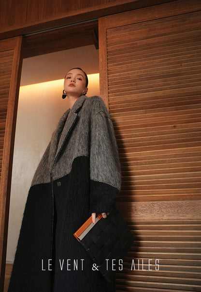 LE VENT&TES AILES French luxury fine long color-block wool coat -ALEC.