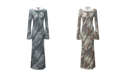 WANGXO Galaxy Muse -Starry Silver Oil-Paint  Halterneck Dress - SABLE