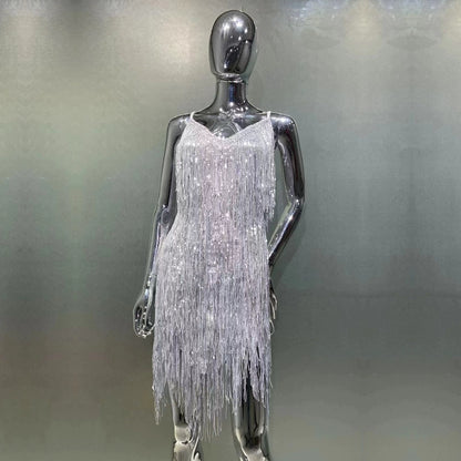 DOLLY Elegant Turquoise Green Sleeveless V-neck Tassel Glitter Cocktail Dress-ALEXA