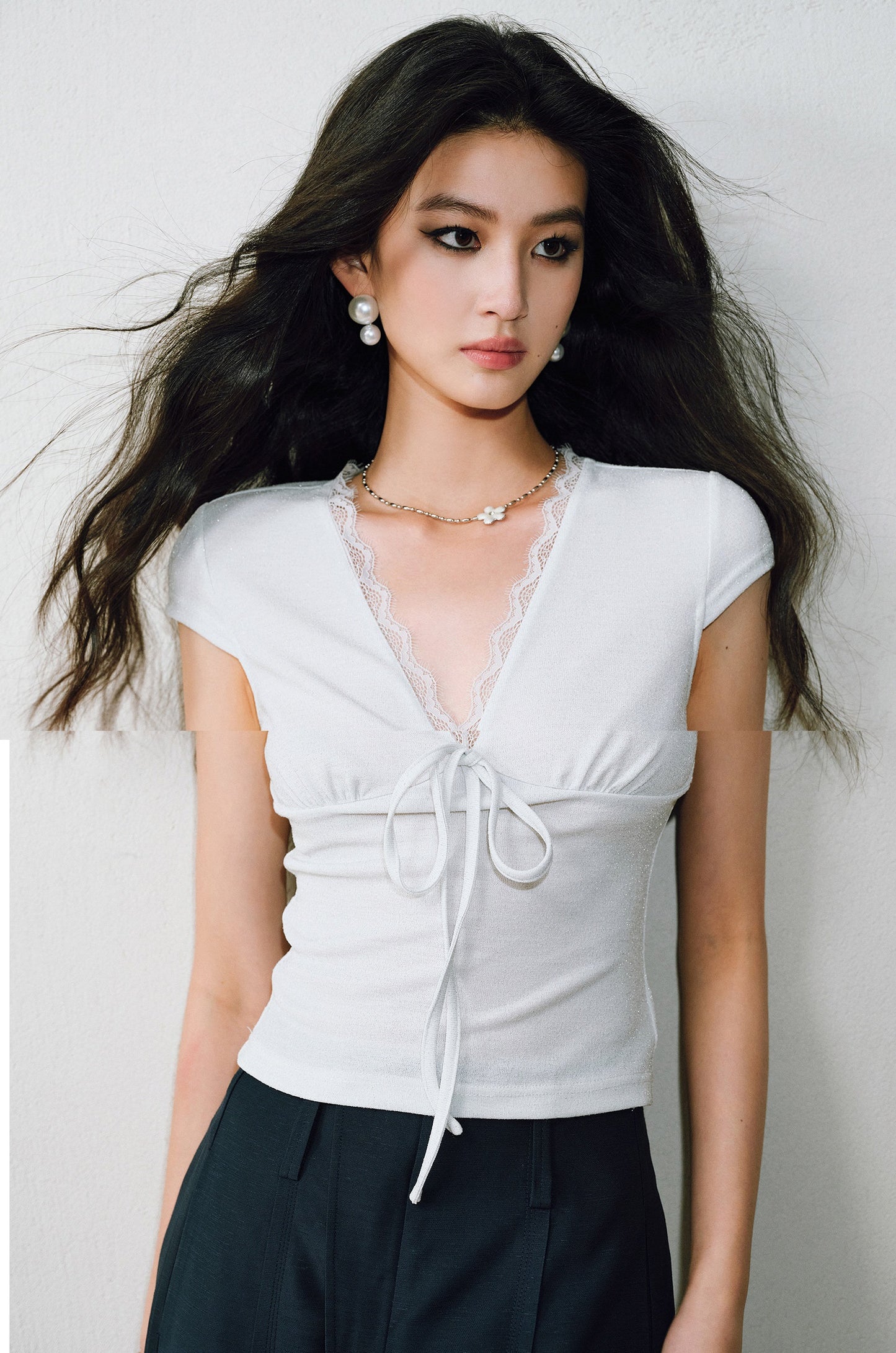 WANGXO | Sparkling Silk High-Density Knit Hand-Shaped Lace Detail V-Neck Slim Fit Top -NOYA