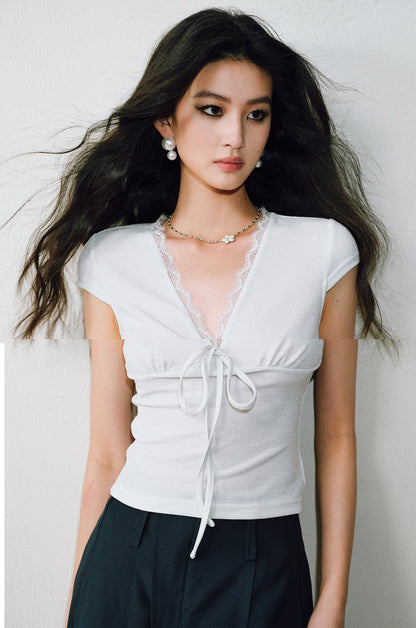 WANGXO | Sparkling Silk High-Density Knit Hand-Shaped Lace Detail V-Neck Slim Fit Top -NOYA