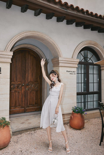 DOLLY Luxury White Retro Style Sleeveless Pleated Midi Suspender Dinner Dress-EUDORA