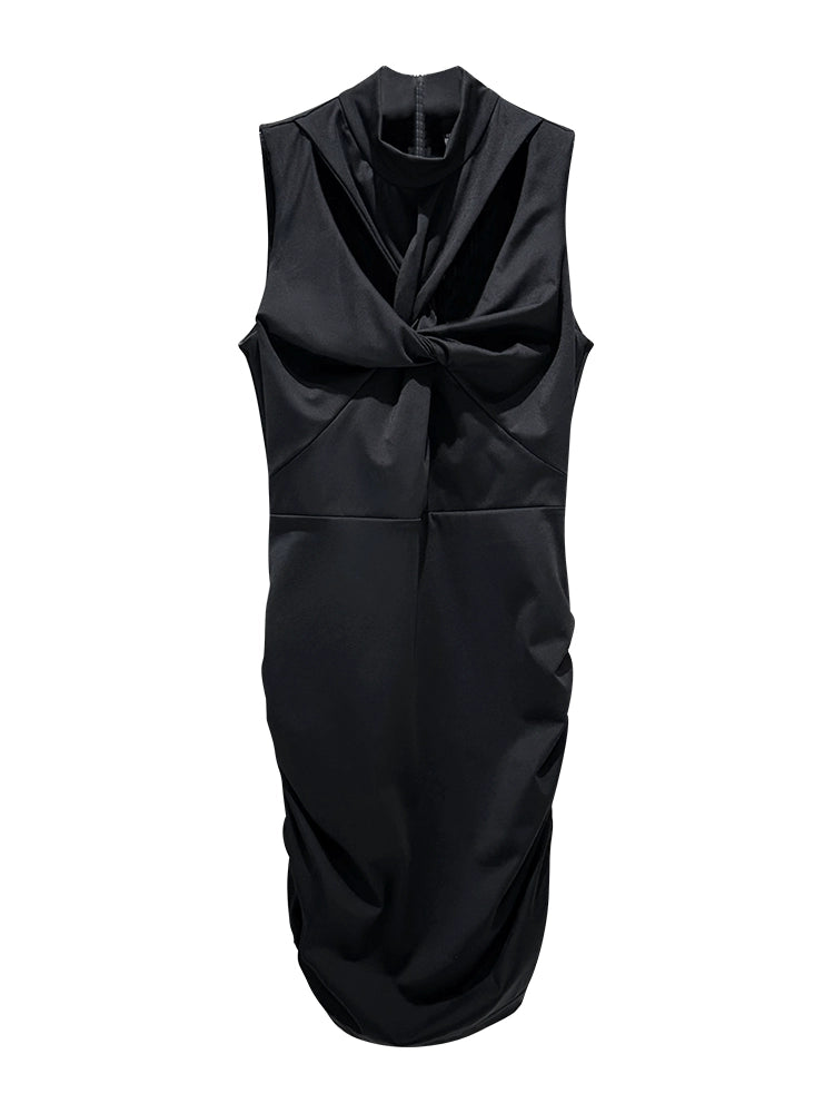 ANNAKIKI niche black kink pleated cut-out sexy dress-GENKO