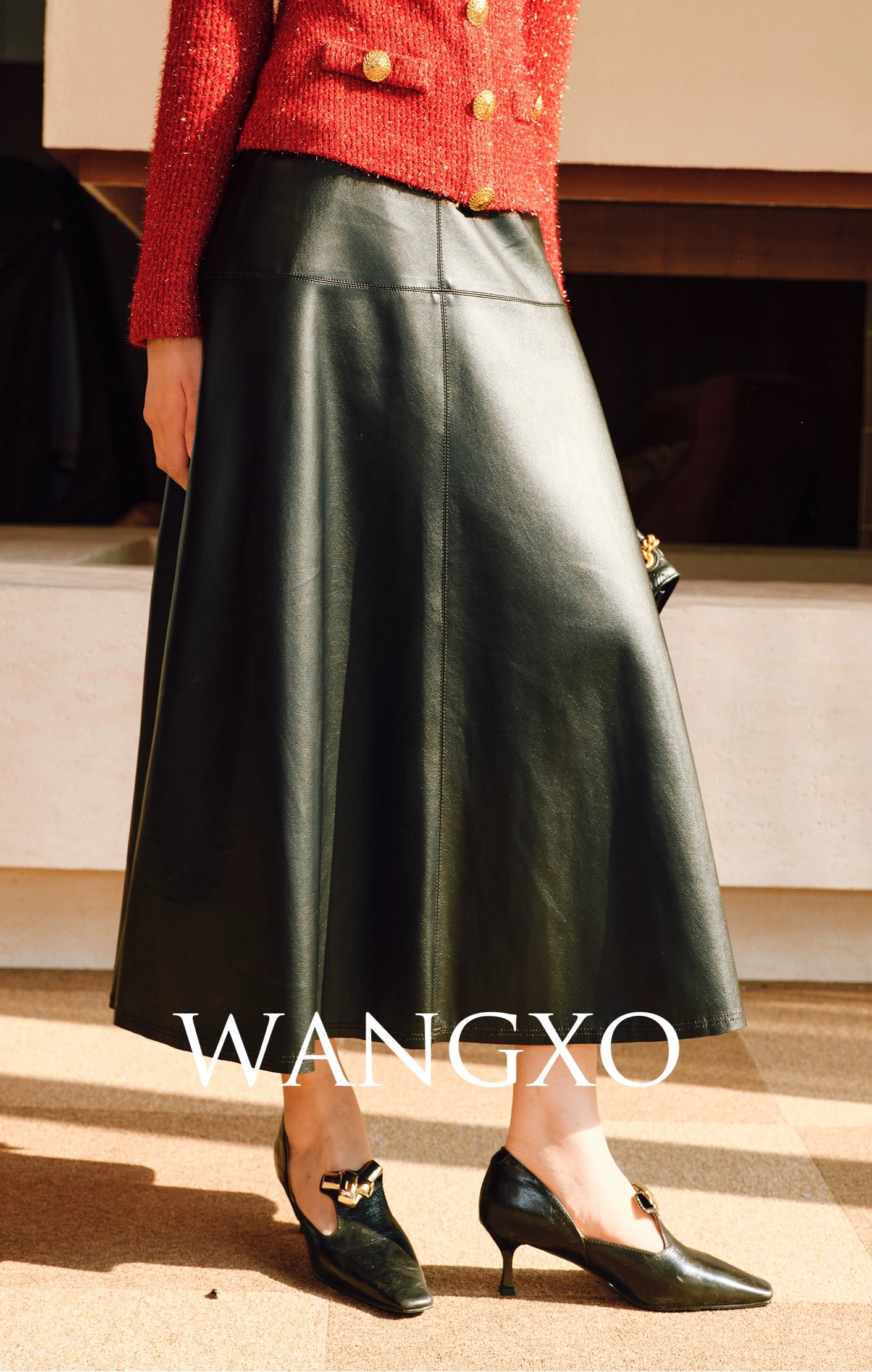 WANGXO | Luxurious Glossy Protein Leather Sheepskin A-Swing Skirt-ZARA.