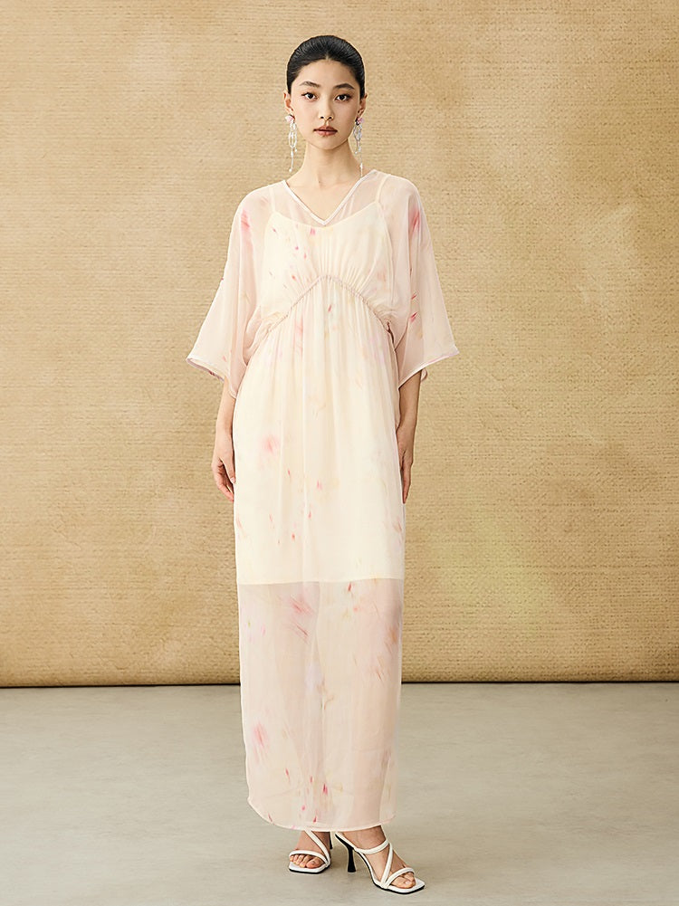 HECO Chinese Resort Style Flowing V-neck Dress - STONE.