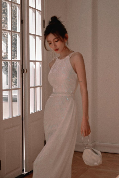 DOLLY High End Sleeveless Halter Neck Sequin Embroidery Long Banquet Dress-KATRINA