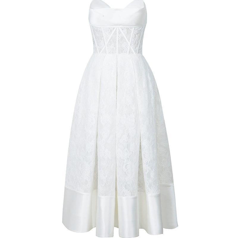 YES BY YESIR strapless luxury white lace full skirt midi bridal dress- Brida