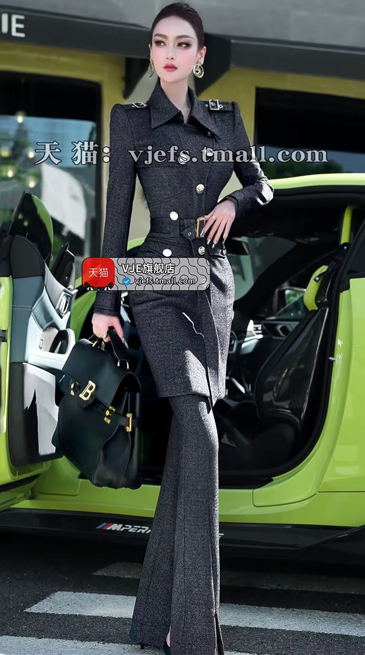 VJE slim trench coat jacket micro flared pants two-piece set - YAN.