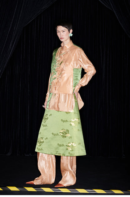 M essential Mackay's designer orchid puffer gilet shirt skirt Pant set - three.