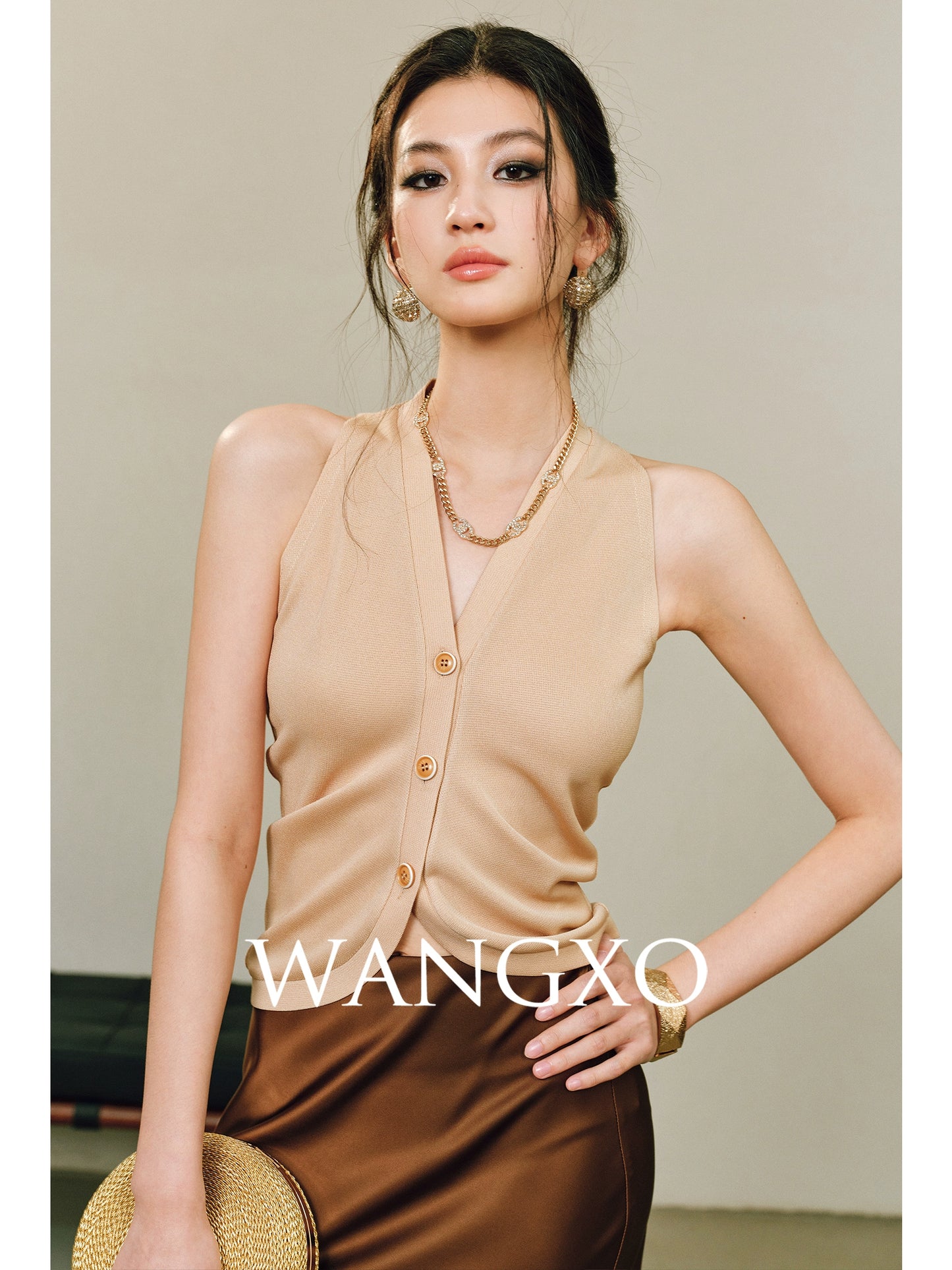WANGXO |Vertical-Cut Acetate Double-Sided Threaded Halterneck Knitted Top -VELA