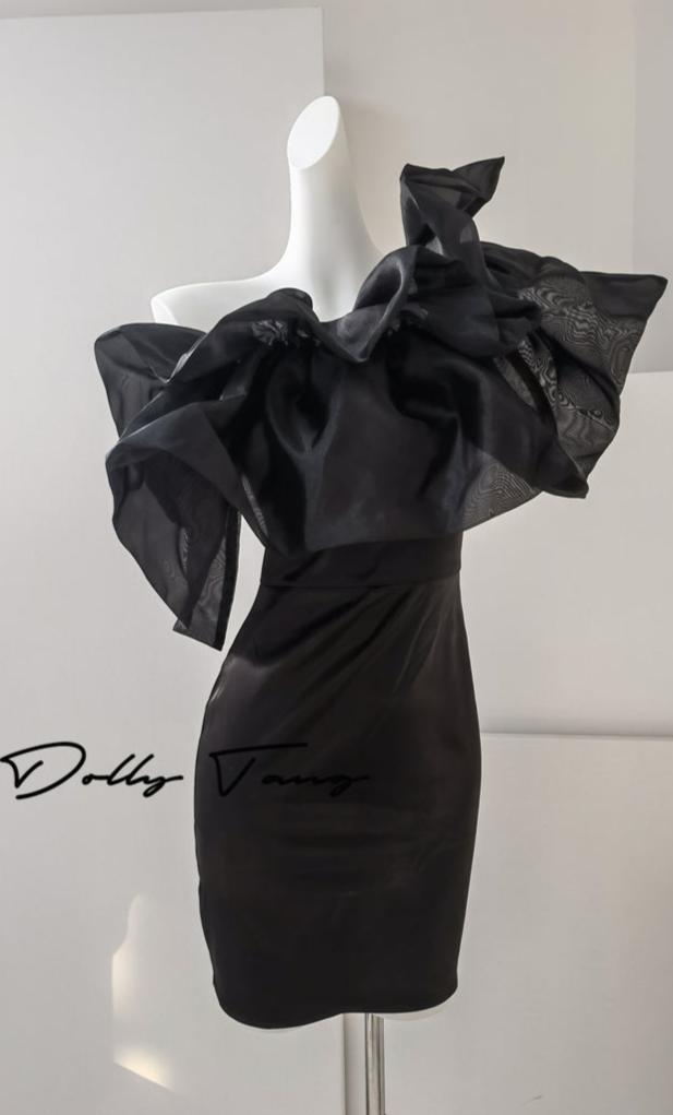 DOLLY Luxury Black Off Shoulder Slim Fit Short Ruffle Dinner Dress-MABEL