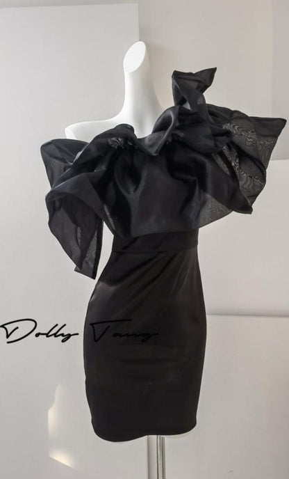 DOLLY Luxury Black Off Shoulder Slim Fit Short Ruffle Dinner Dress-MABEL