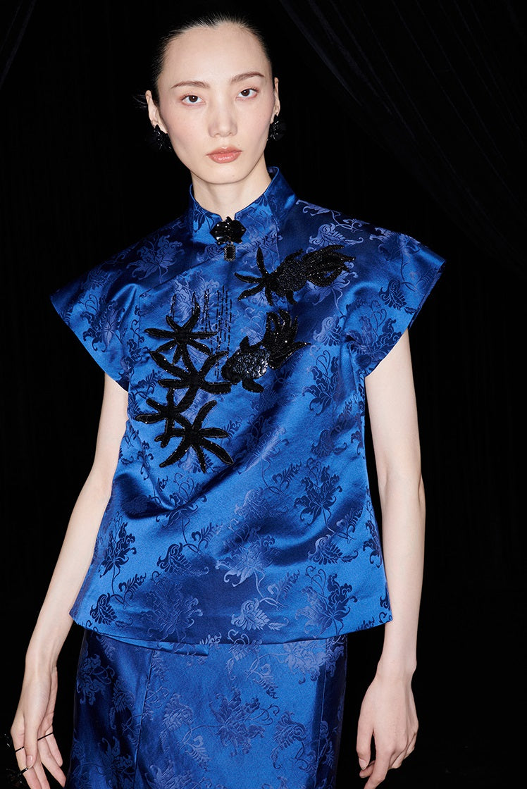 M essential Ma Kai designer Haiqing jacquard gag fish algae pattern nail bead top - CHEN.