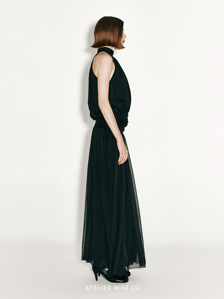 ATELIER MISS LU Flowy Multi-layered Halterneck Low-waisted Black Gown - BIANCA