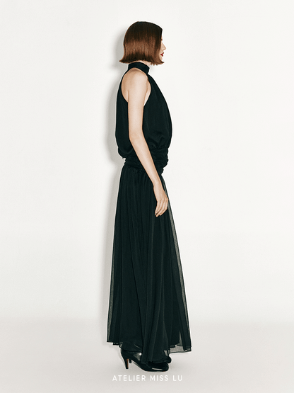 ATELIER MISS LU Flowy Multi-layered Halterneck Low-waisted Black Gown - BIANCA