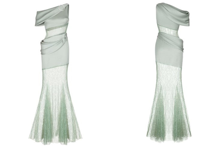 DOLLY Luxury Mint Slant Collar Sleeveless High Waist Long Fish Tail Lace Dress-LARISA