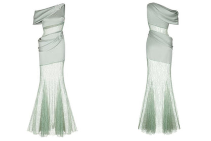 DOLLY Luxury Mint Slant Collar Sleeveless High Waist Long Fish Tail Lace Dress-LARISA