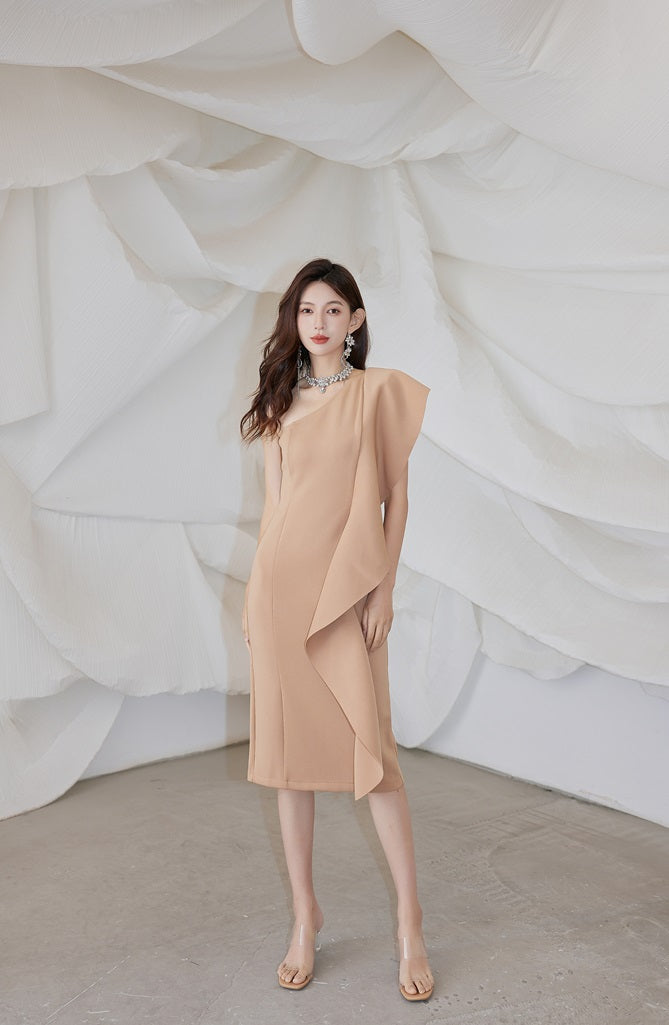 DOLLY Luxury French Style Ruffle One Shoulder Hip Hug Midi Dinner Dress-JEHO