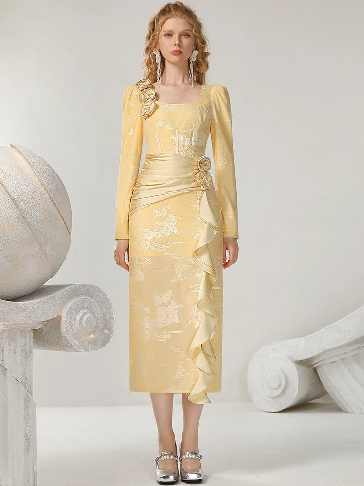 CHECOCRE Sophisticated Retro Warm Yellow Tone Romantic Flowers Long Dress- ANNA