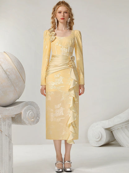 CHECOCRE Sophisticated Retro Warm Yellow Tone Romantic Flowers Long Dress- ANNA