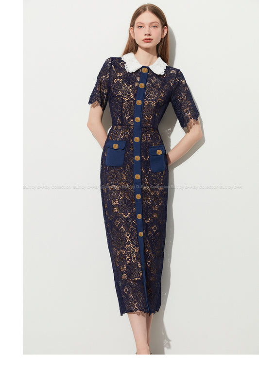 DPLAY Light Luxury Navy Blue Openwork Lace Lapel midi dress - Ebinn