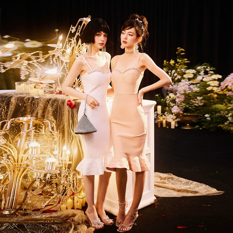 DOLLY High End White/Nude Sleeveless Diamond Fish Tail Suspender Dress-JABEL