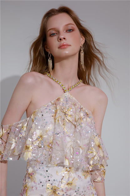 Wardrobes by Chen Elegant wedding guest Halter Sleeveless Lace bridal Dress- Megan