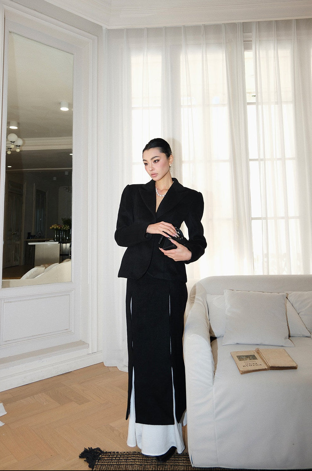 MEI SANGUAN Waist-Cinched Wool Suit Long Skirt- COLE