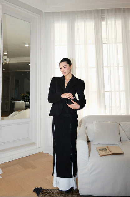 MEI SANGUAN Waist-Cinched Wool Suit Long Skirt- COLE