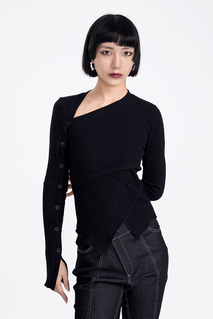 TINY IN button sleeve asymmetric knit women's black top-TAKA