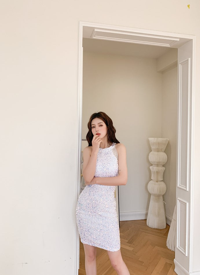 DOLLY Luxury Gold Sleeveless Stand Collar Sequin Beaded Tassel Evening Dress-LILY