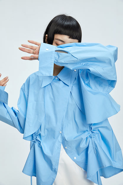 TINY IN  two irregular drawstrings waist cinching blue white shirts-DANTE