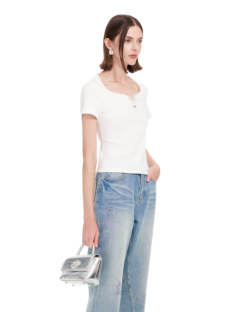 YES BY YESIR |  Diamond Bow Short Sleeve Casual Top-LYANNE.