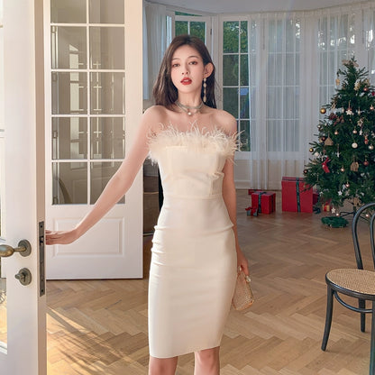 DOLLY Elegant Off Shoulder Feather Tube Top Slim Fit Dinner Date Dress-NANA