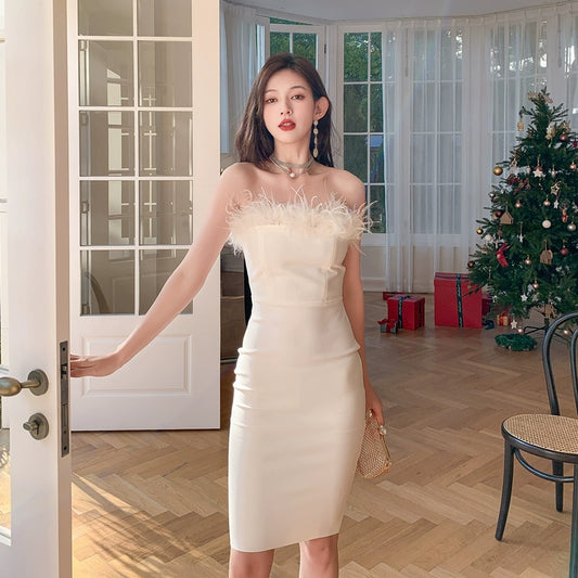 DOLLY Elegant Off Shoulder Feather Tube Top Slim Fit Dinner Date Dress-NANA